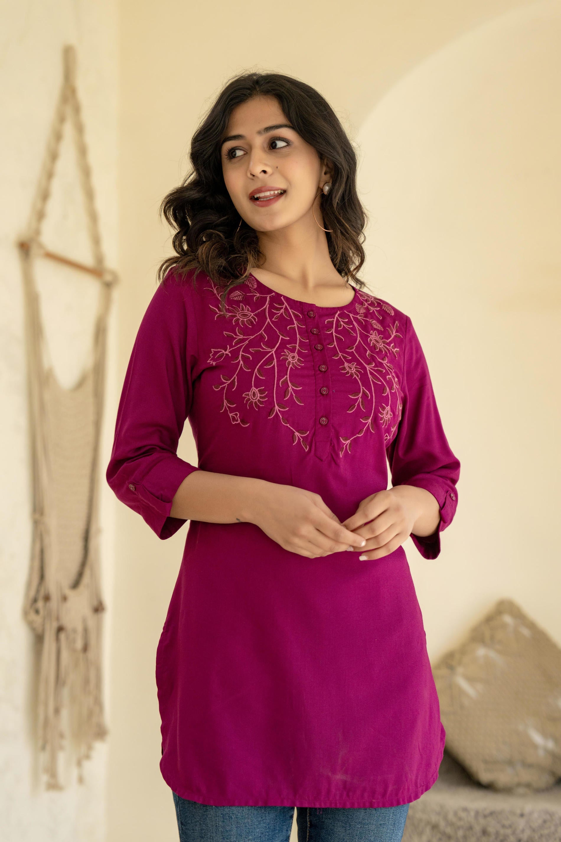 Juniper Plum Embroidered Tunic Top with Button Detailing