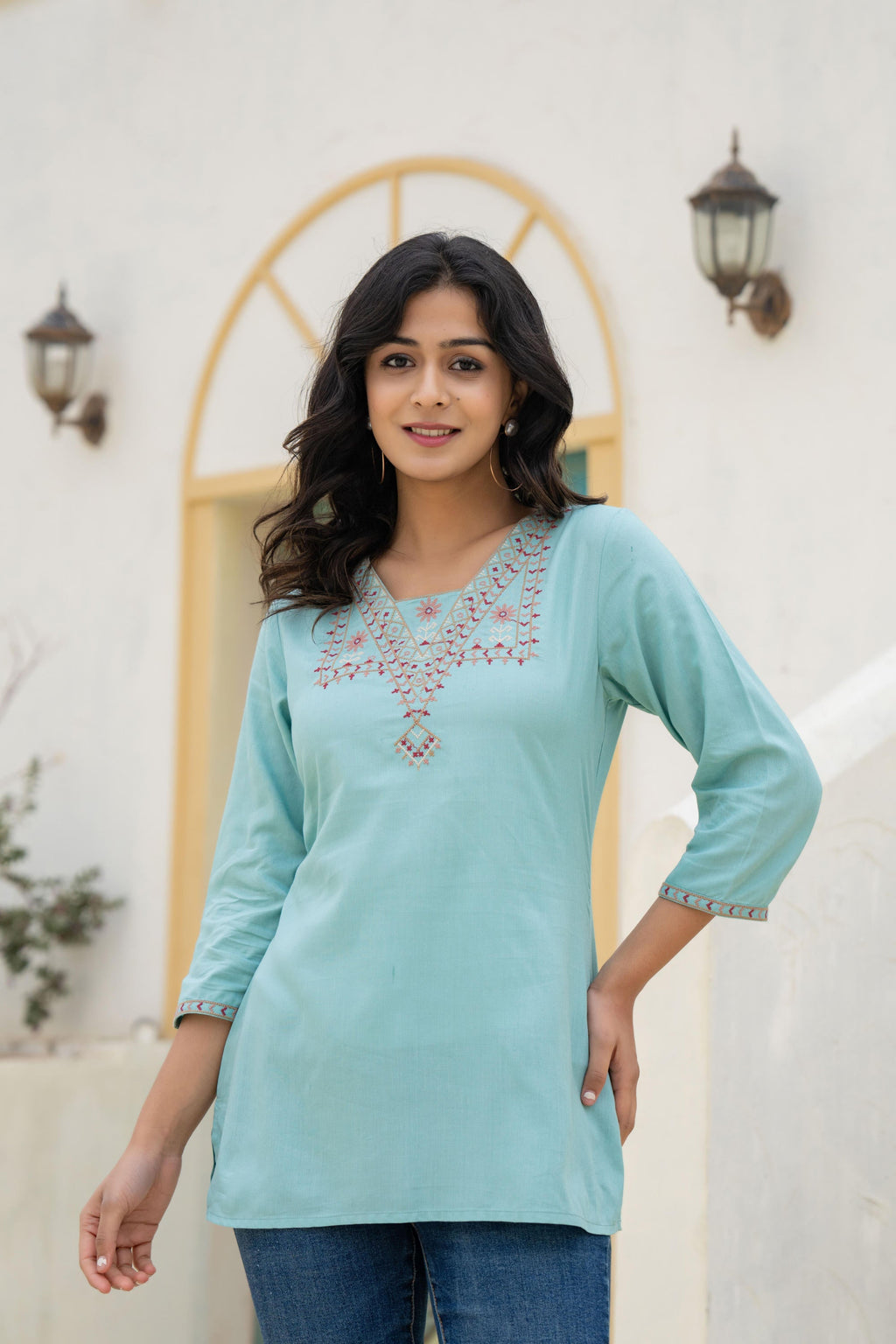 Juniper Aqua Solid Viscose Tunic With Thread Work