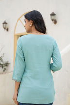 Juniper Aqua Solid Viscose Tunic With Thread Work