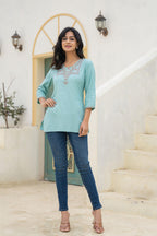 Juniper Aqua Solid Viscose Tunic With Thread Work