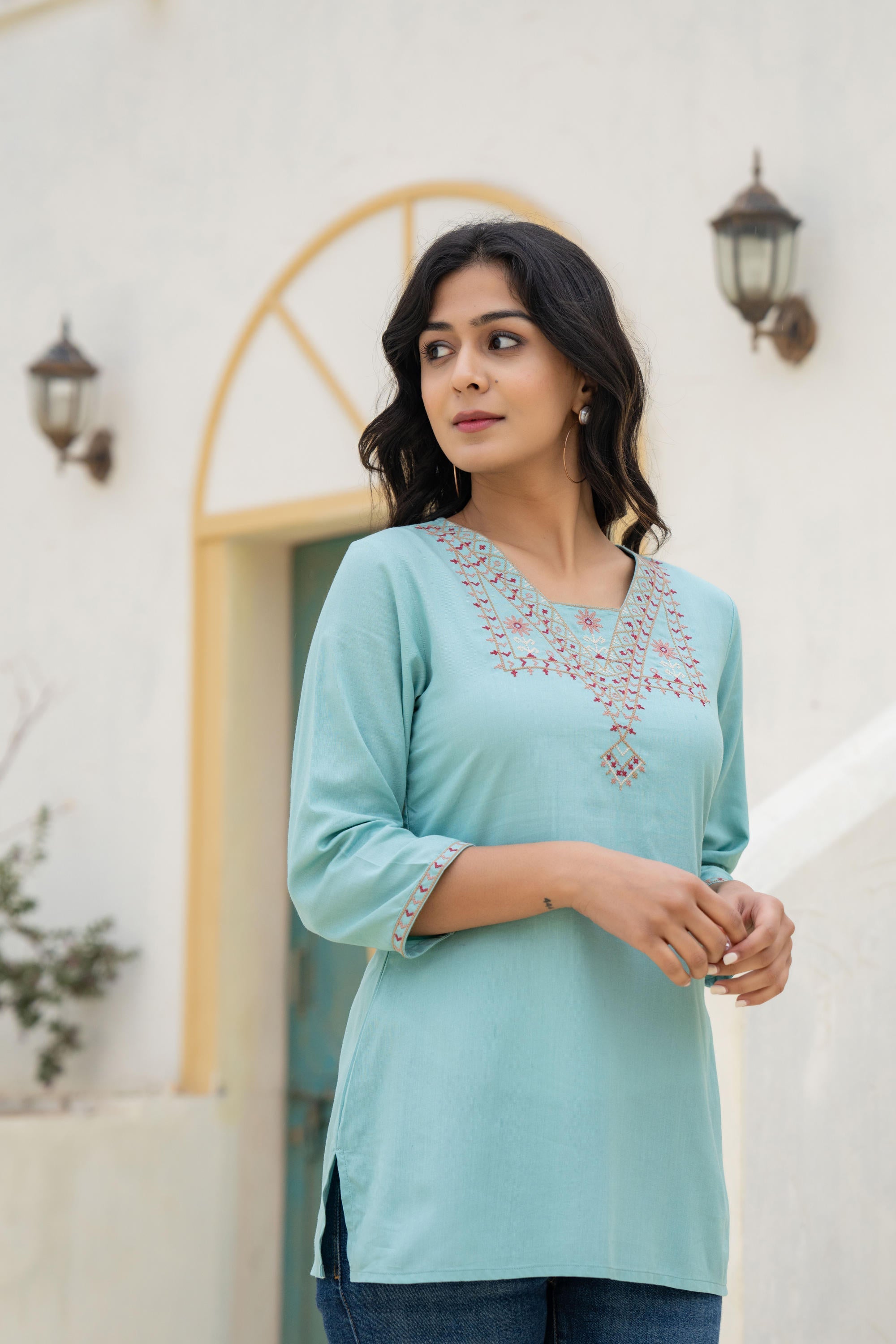 Juniper Aqua Solid Viscose Tunic With Thread Work