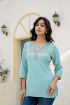 Juniper Aqua Solid Viscose Tunic With Thread Work