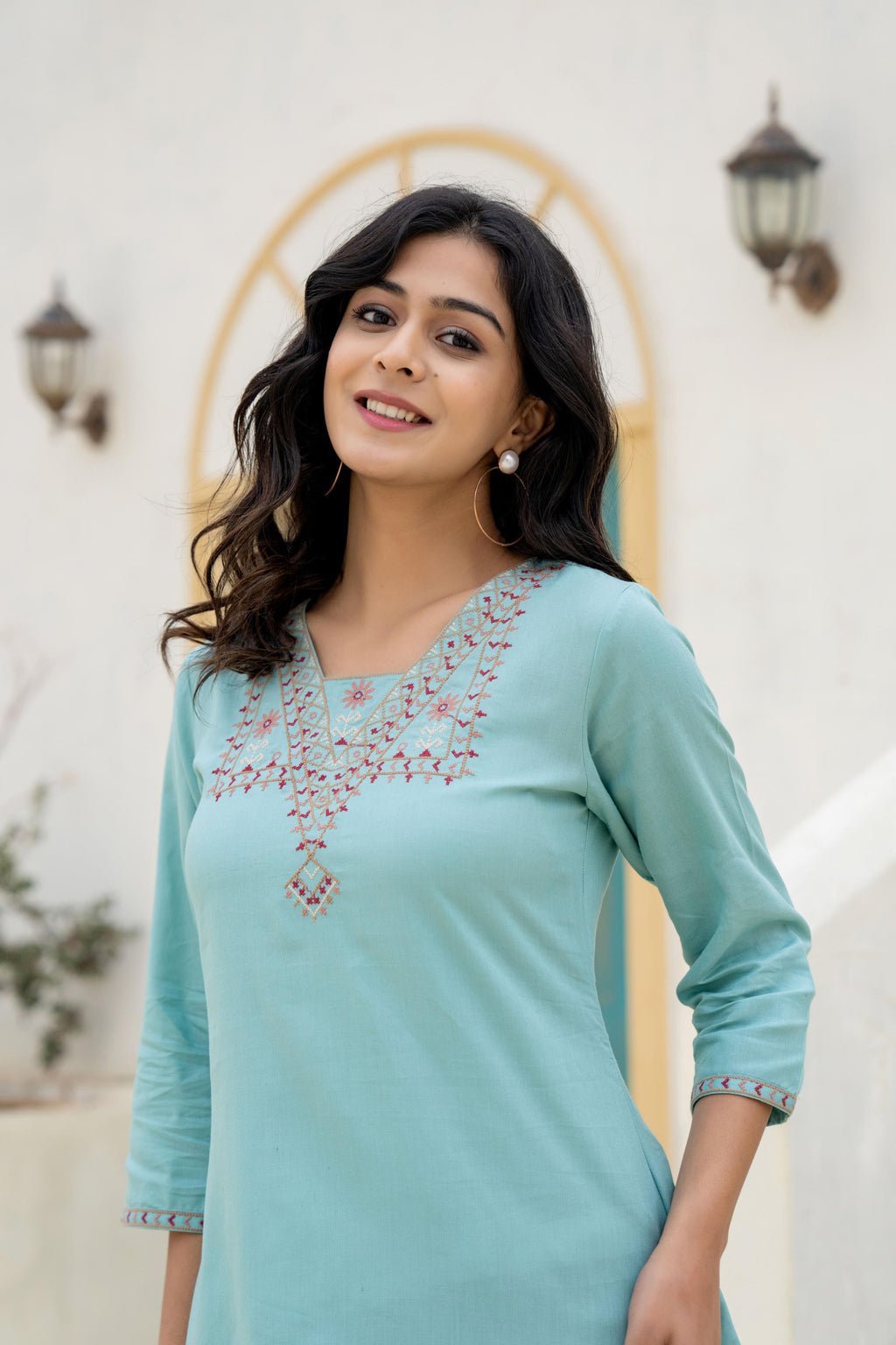 Juniper Aqua Solid Viscose Tunic With Thread Work