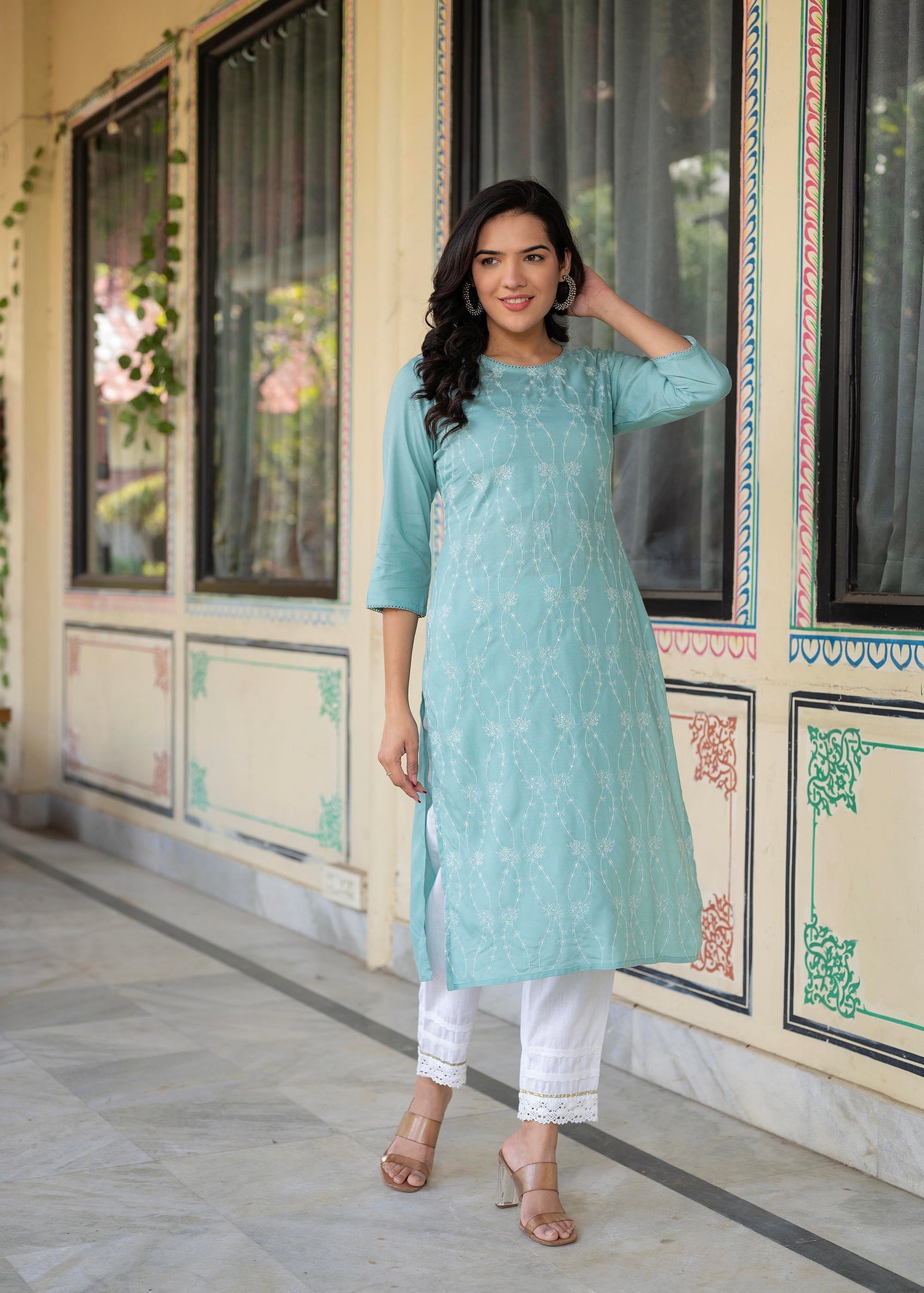 Juniper Aqua Embroidered Floral Viscose Kurta With Sequins & Cotton Lace - Distacart