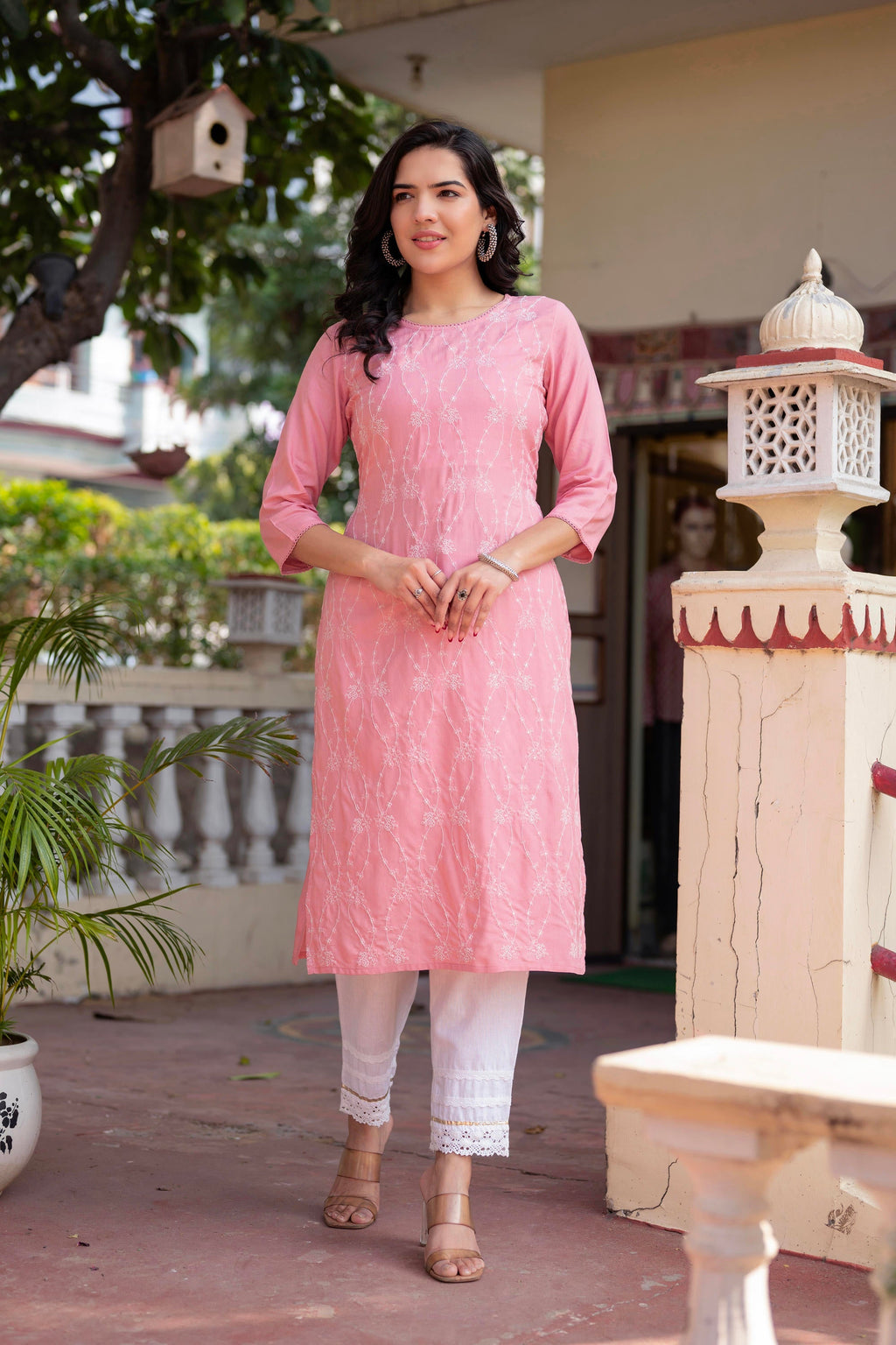Juniper Onion Pink Embroidered Viscose Kurta With Sequins & Cotton Lace - Distacart