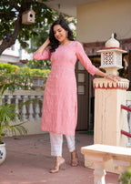 Juniper Onion Pink Embroidered Viscose Kurta With Sequins & Cotton Lace - Distacart