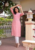 Juniper Onion Pink Embroidered Viscose Kurta With Sequins & Cotton Lace - Distacart