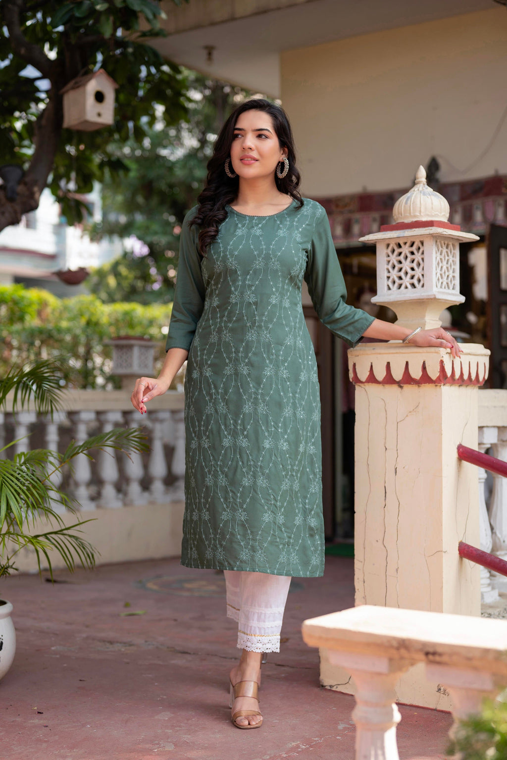 Juniper Sage Green Embroidered Viscose Kurta With Sequins & Cotton Lace - Distacart