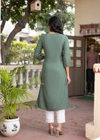 Juniper Sage Green Embroidered Viscose Kurta With Sequins & Cotton Lace - Distacart