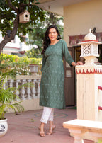Juniper Sage Green Embroidered Viscose Kurta With Sequins & Cotton Lace - Distacart