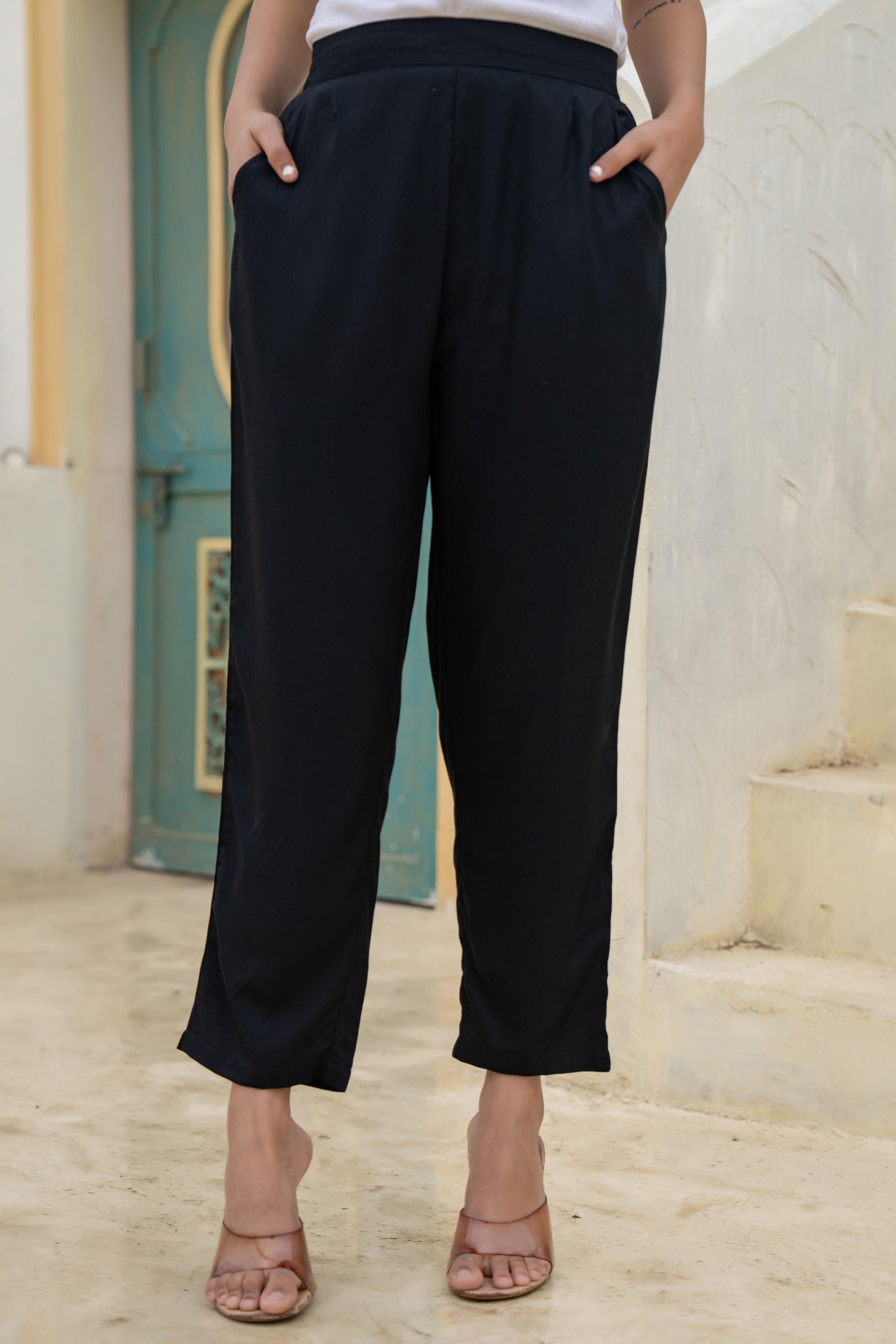 Juniper Black Solid Viscose Pants
