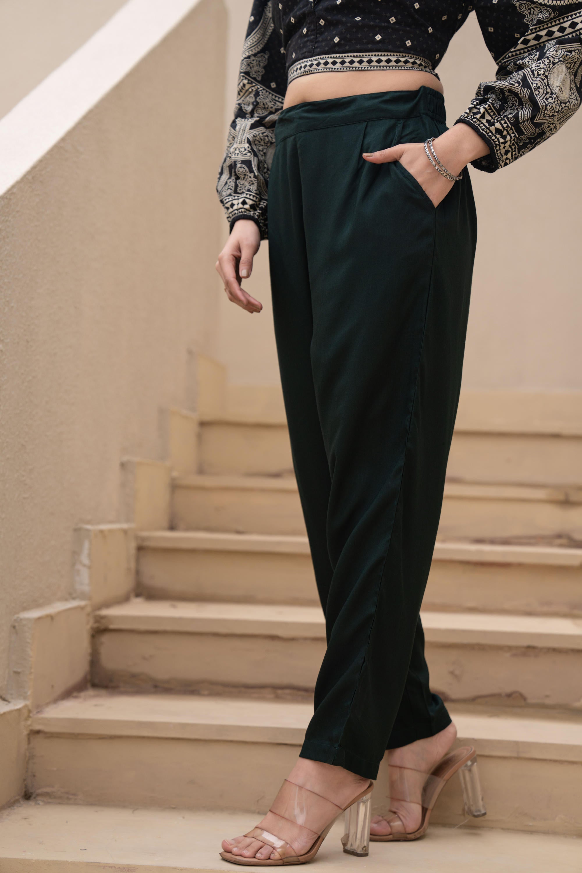 Juniper Bottle Green Solid Viscose Pants