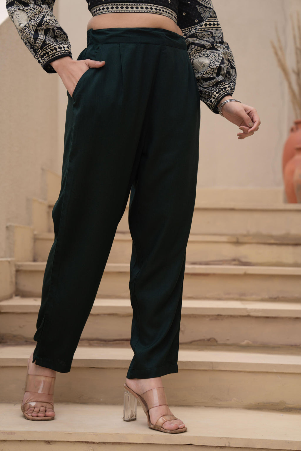 Juniper Bottle Green Solid Viscose Pants