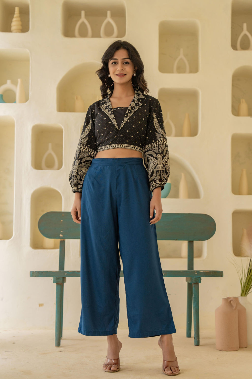 Juniper Navy Solid Viscose Palazzo Pants