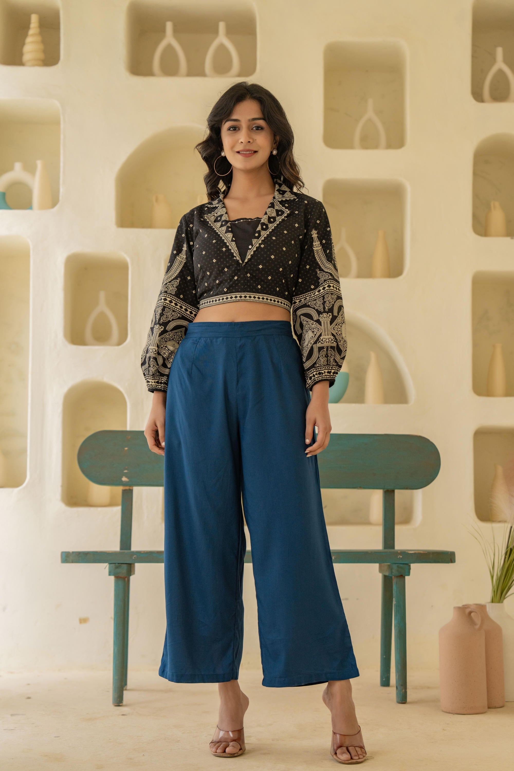 Juniper Navy Solid Viscose Palazzo Pants - Distacart