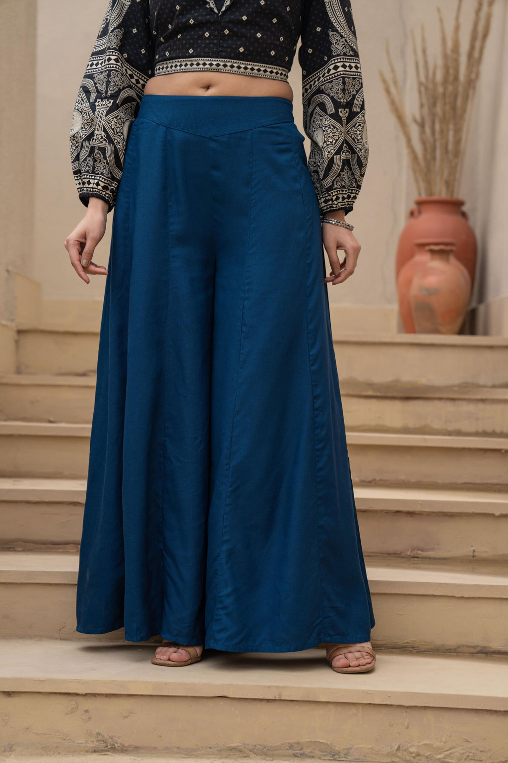 Juniper Navy Solid Viscose Palazzo Pants