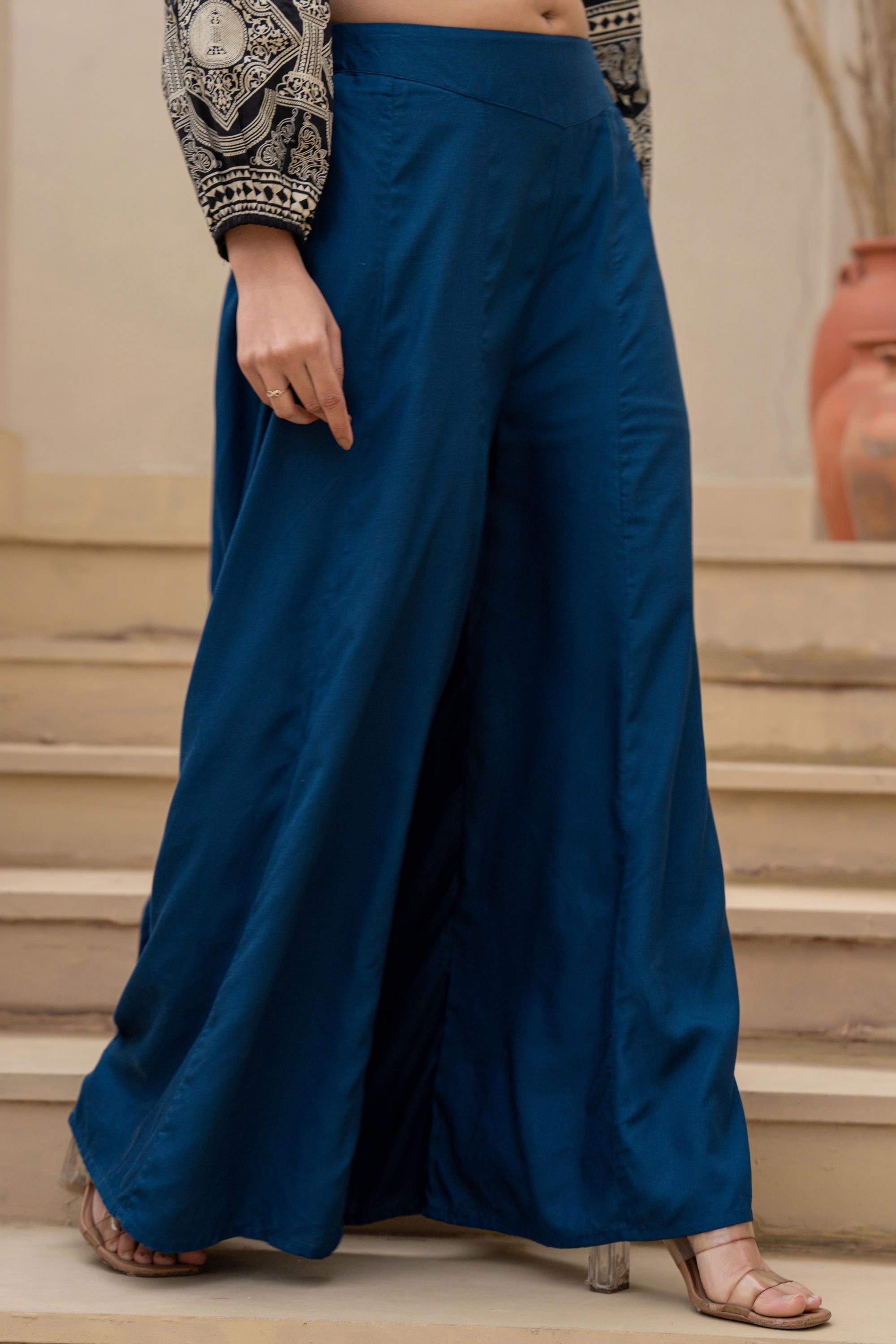 Juniper Navy Solid Viscose Palazzo Pants