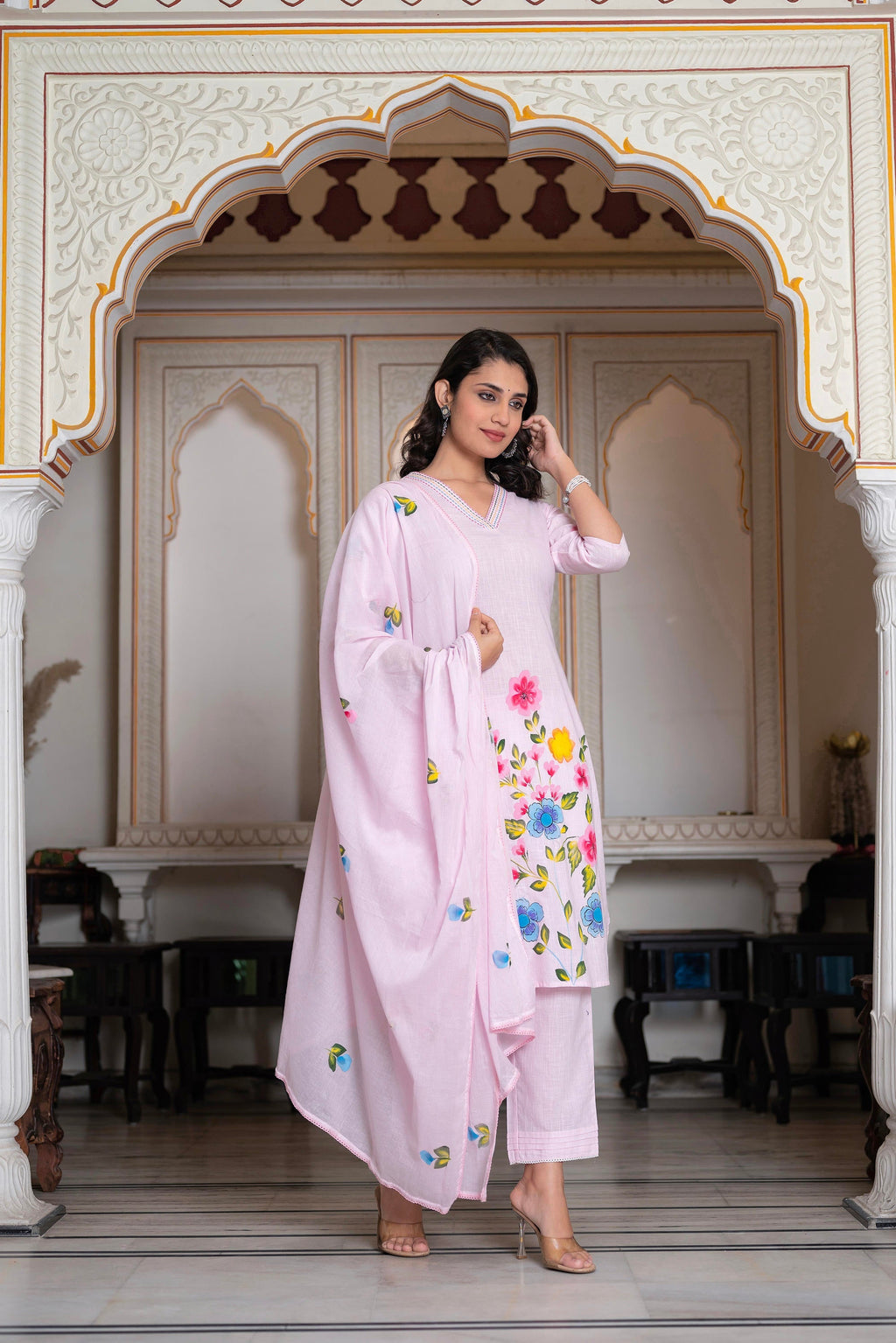 Juniper Baby Pink Hand-Painted Floral Kurta with Cotton Slub Palazzo & Cotton Voile Dupatta