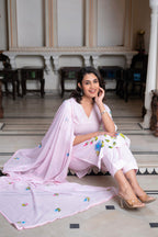 Juniper Baby Pink Hand-Painted Floral Kurta with Cotton Slub Palazzo & Cotton Voile Dupatta