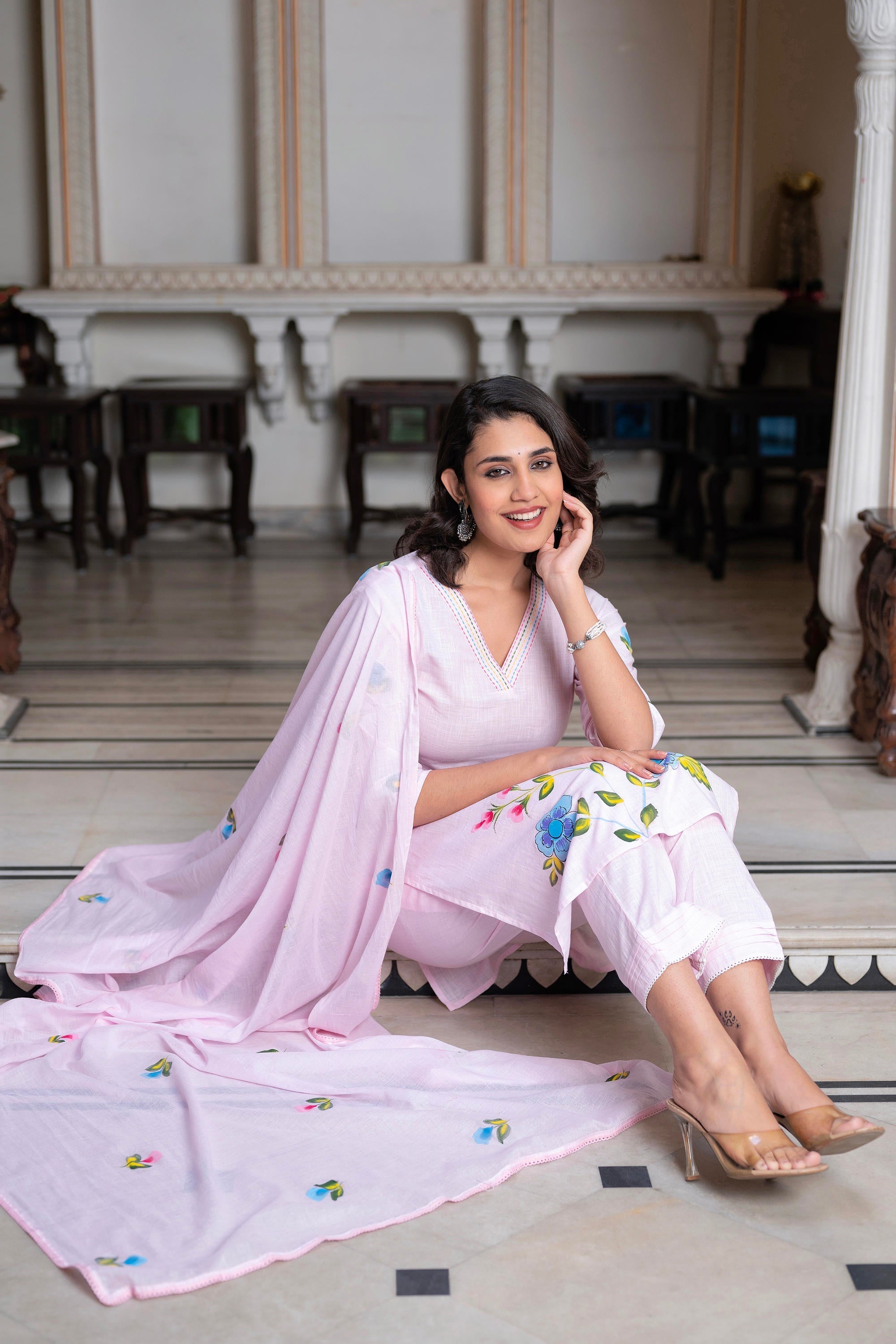 Juniper Baby Pink Hand-Painted Floral Kurta with Cotton Slub Palazzo & Cotton Voile Dupatta