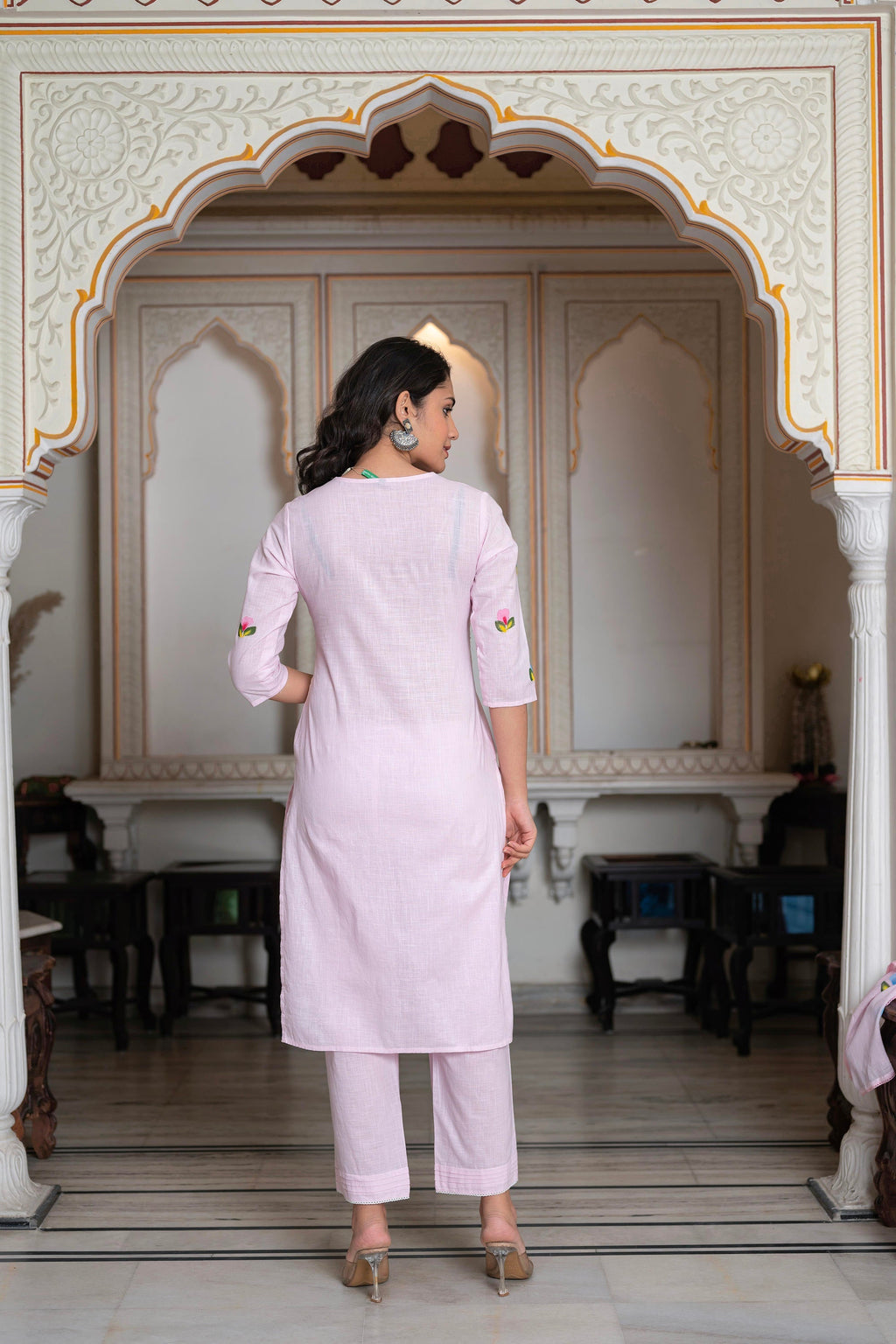 Juniper Baby Pink Hand-Painted Floral Kurta with Cotton Slub Palazzo & Cotton Voile Dupatta