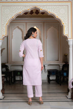 Juniper Baby Pink Hand-Painted Floral Kurta with Cotton Slub Palazzo & Cotton Voile Dupatta