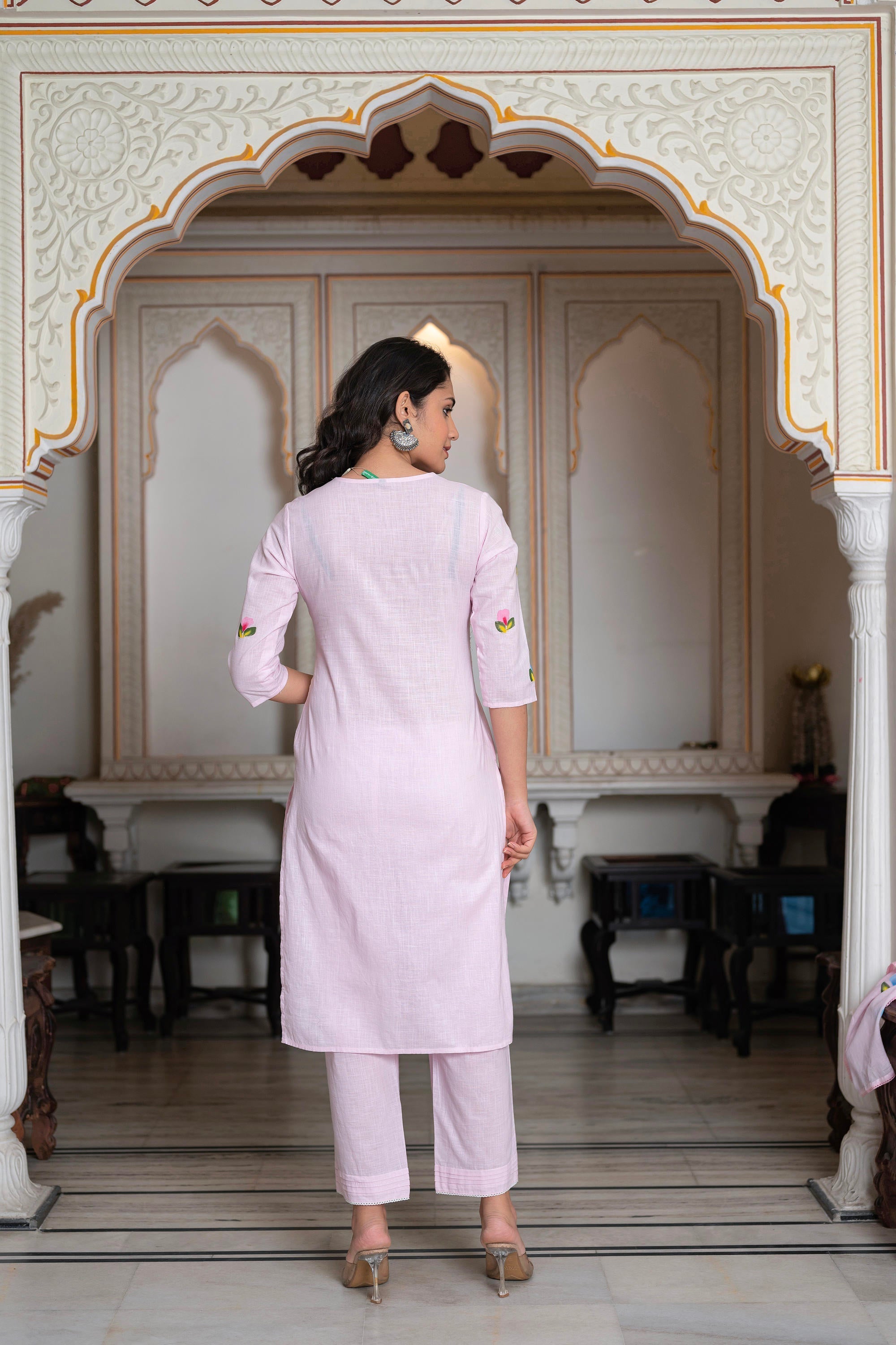 Juniper Baby Pink Hand-Painted Floral Kurta with Cotton Slub Palazzo & Cotton Voile Dupatta