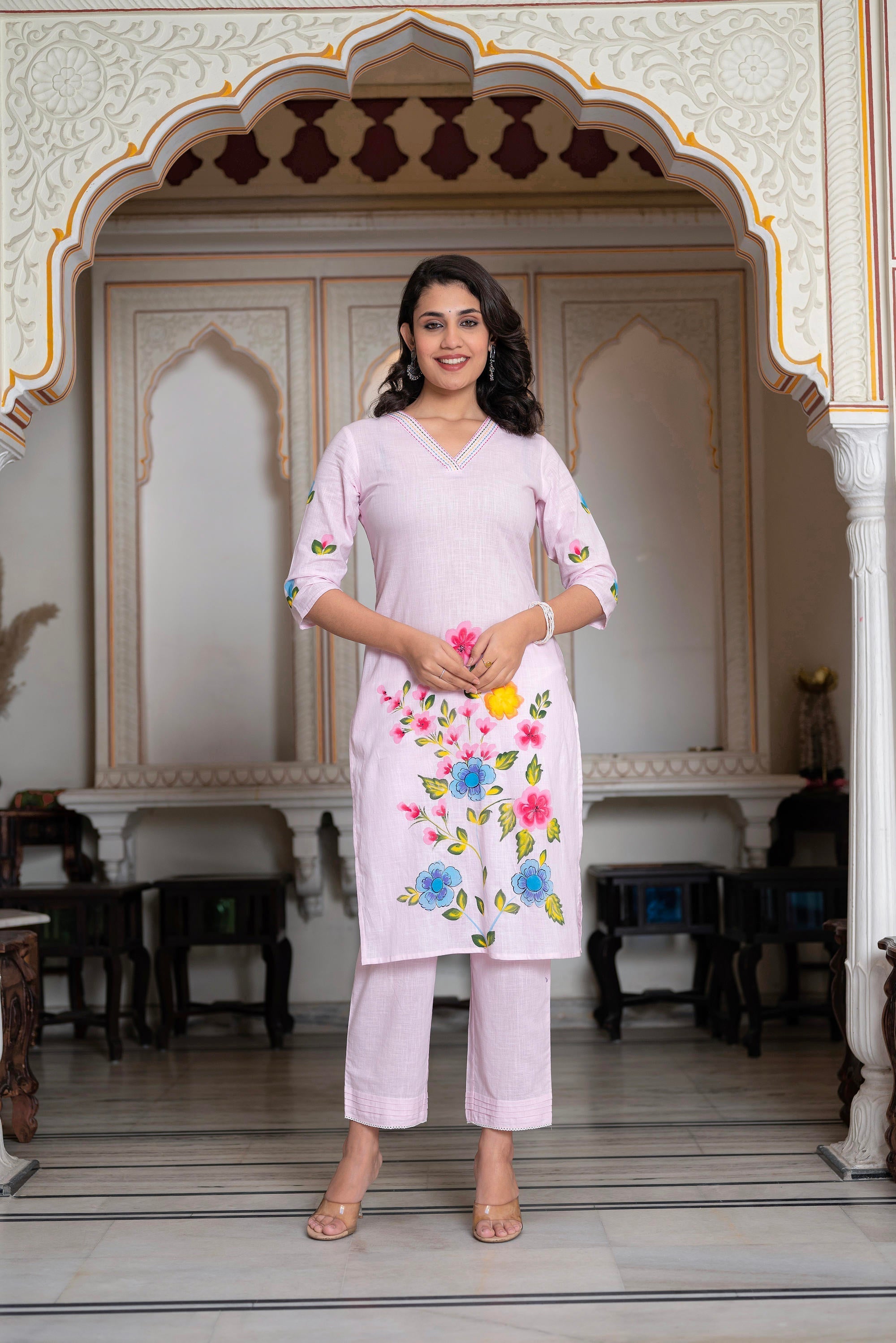Juniper Baby Pink Hand-Painted Floral Kurta with Cotton Slub Palazzo & Cotton Voile Dupatta