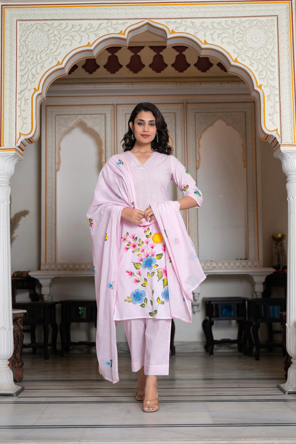 Juniper Baby Pink Hand-Painted Floral Kurta with Cotton Slub Palazzo & Cotton Voile Dupatta
