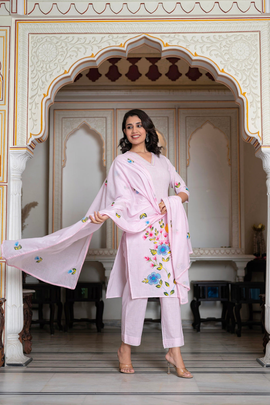 Juniper Baby Pink Hand-Painted Floral Kurta with Cotton Slub Palazzo & Cotton Voile Dupatta