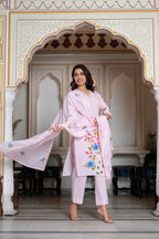 Juniper Baby Pink Hand-Painted Floral Kurta with Cotton Slub Palazzo & Cotton Voile Dupatta