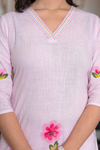 Juniper Baby Pink Hand-Painted Floral Kurta with Cotton Slub Palazzo & Cotton Voile Dupatta