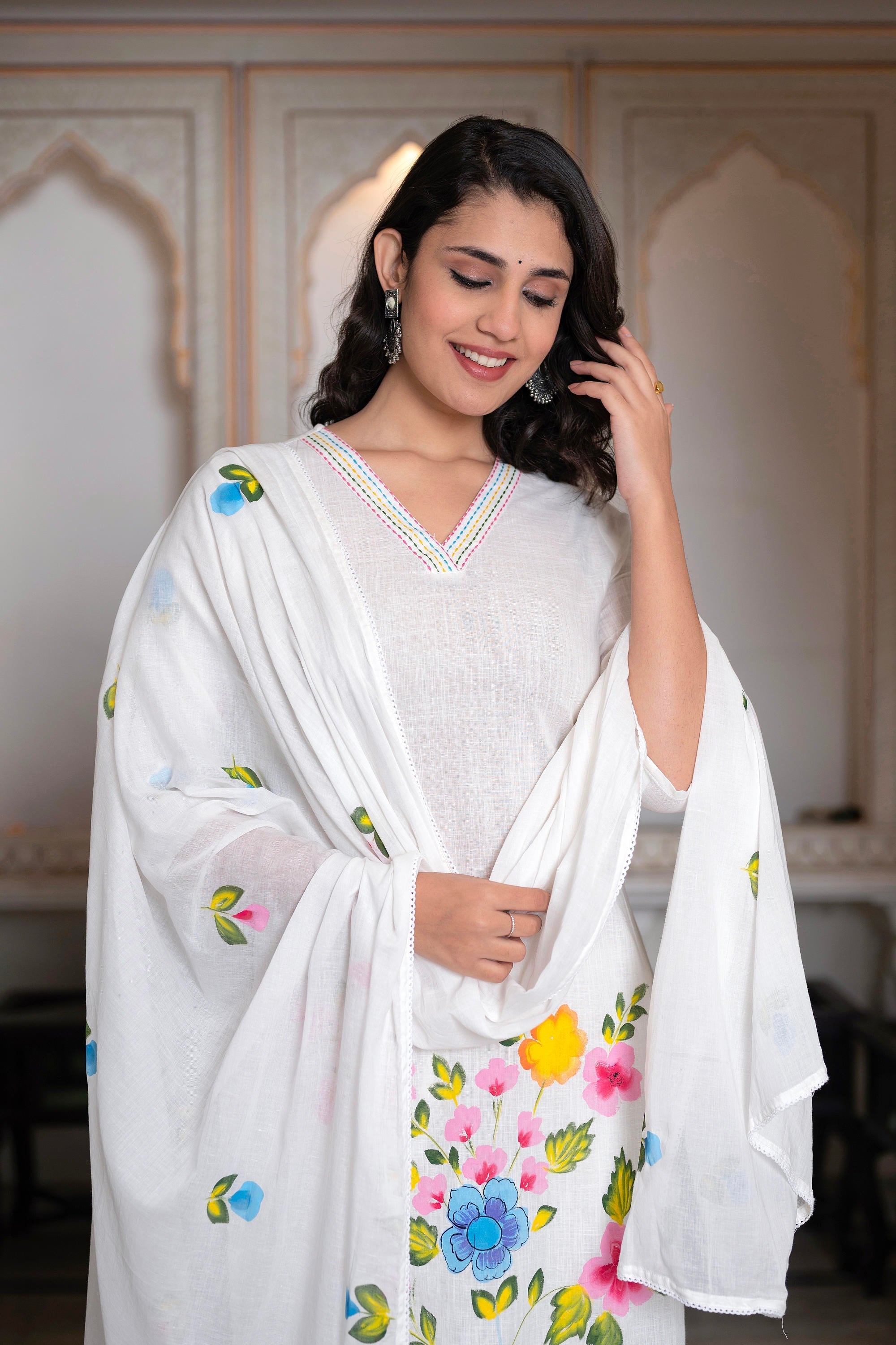 Juniper White Hand-Painted Floral Cotton Kurta With Palazzo & Lace Details - Distacart