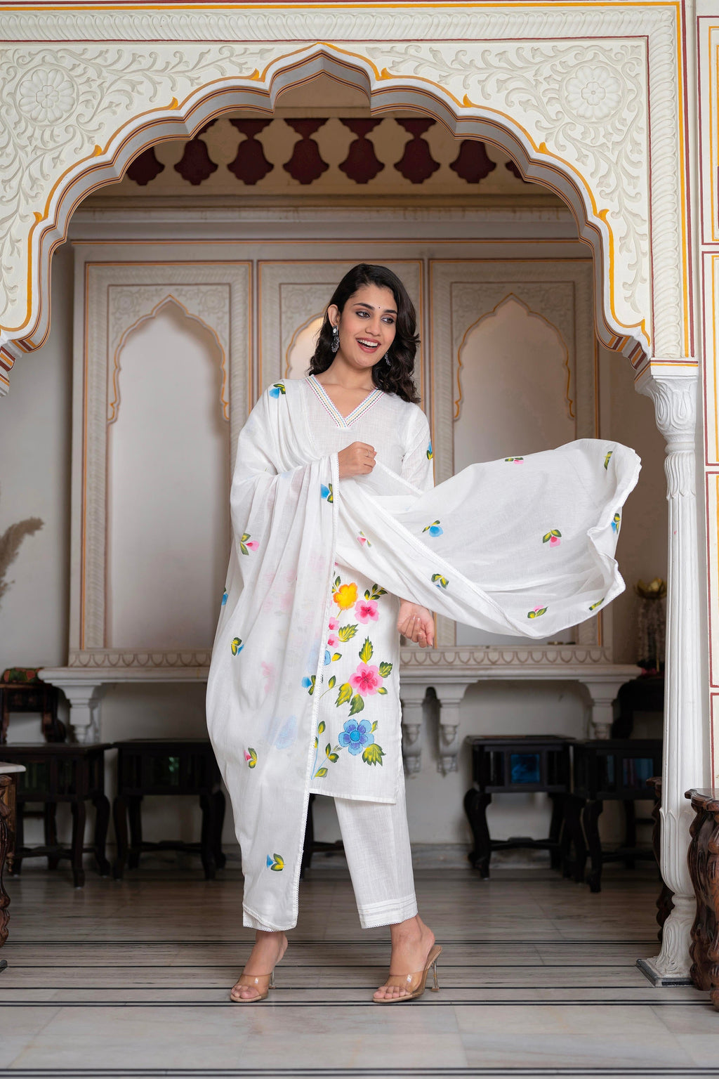 Juniper White Hand-Painted Floral Cotton Kurta with Palazzo & Lace Details