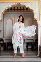 Juniper White Hand-Painted Floral Cotton Kurta with Palazzo & Lace Details