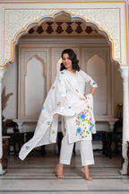 Juniper White Hand-Painted Floral Cotton Kurta with Palazzo & Lace Details