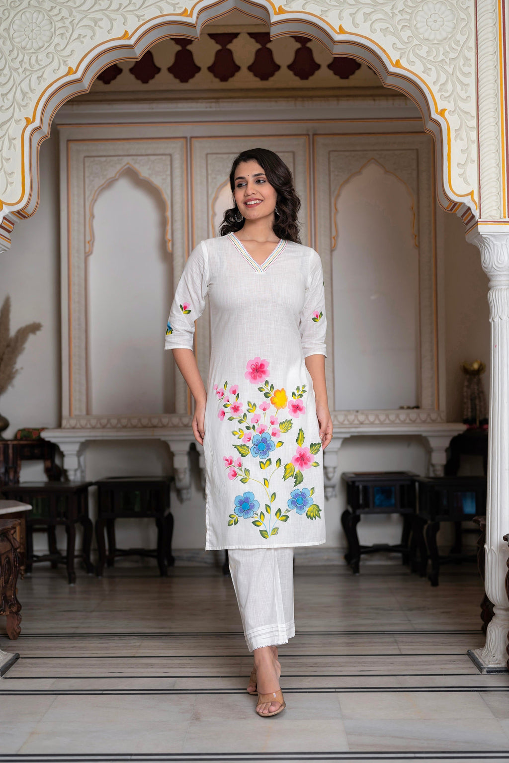 Juniper White Hand-Painted Floral Cotton Kurta with Palazzo & Lace Details