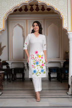 Juniper White Hand-Painted Floral Cotton Kurta with Palazzo & Lace Details