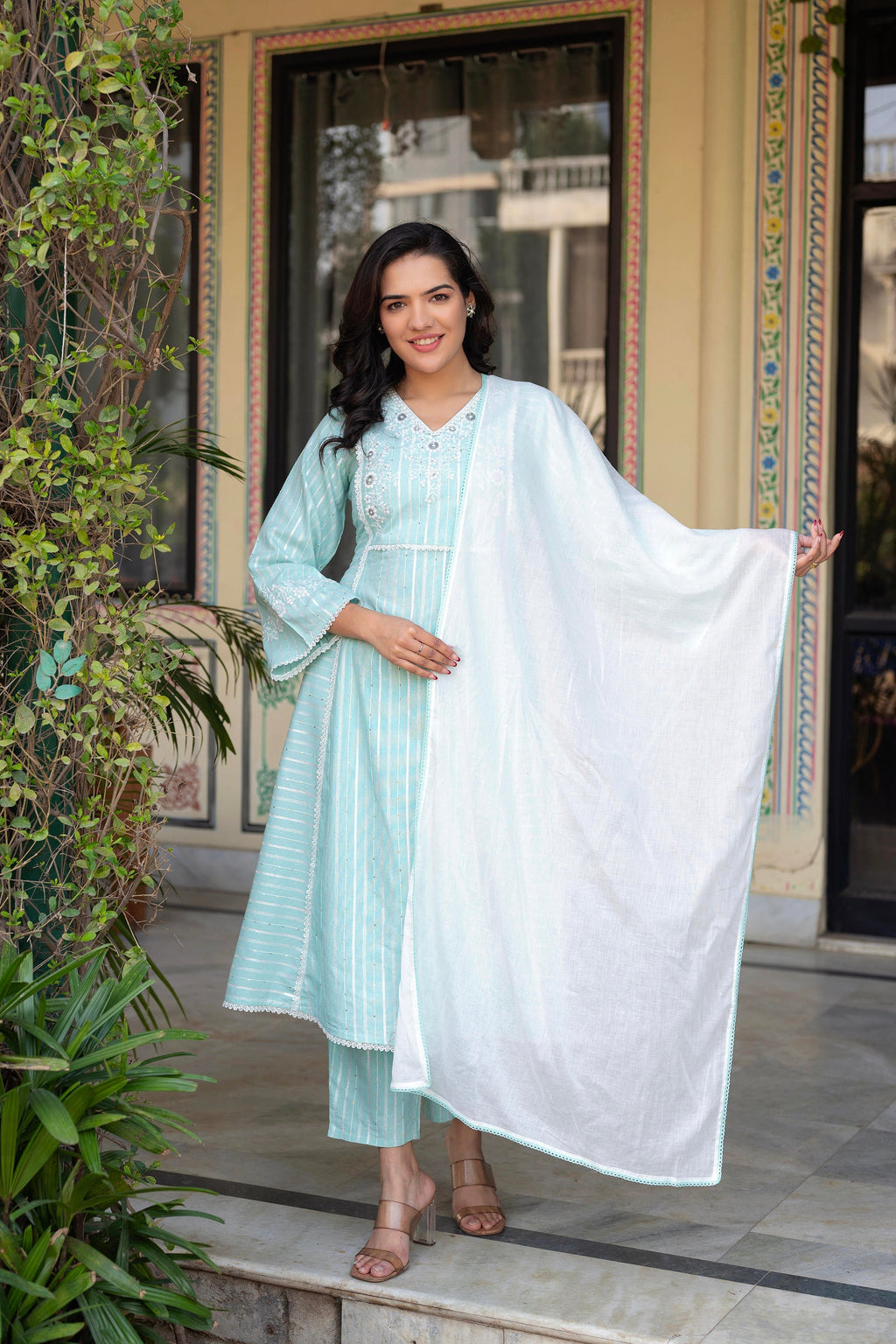 Juniper Mint Brocade Embroidered Kurta-Palazzo & Dupatta Set with Cotton Lace & Sequins