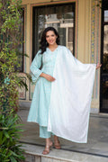 Juniper Mint Brocade Embroidered Kurta-Palazzo & Dupatta Set with Cotton Lace & Sequins