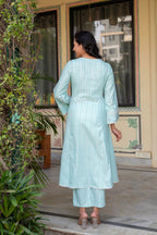 Juniper Mint Brocade Embroidered Kurta-Palazzo & Dupatta Set with Cotton Lace & Sequins