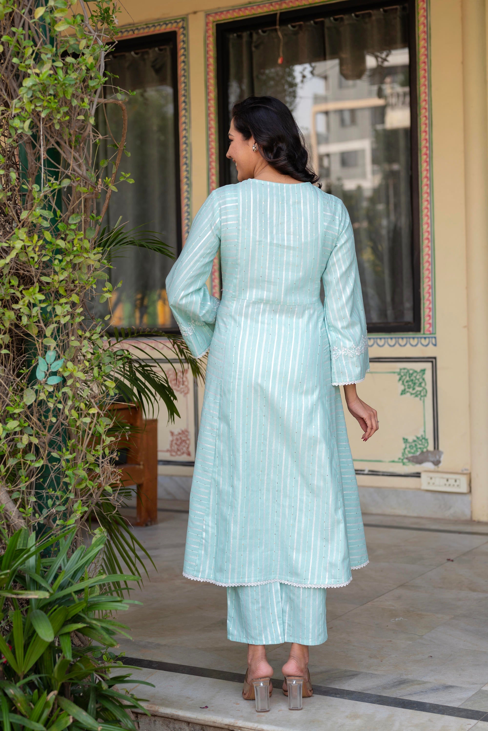 Juniper Mint Brocade Embroidered Kurta-Palazzo & Dupatta Set with Cotton Lace & Sequins