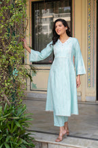 Juniper Mint Brocade Embroidered Kurta-Palazzo & Dupatta Set with Cotton Lace & Sequins