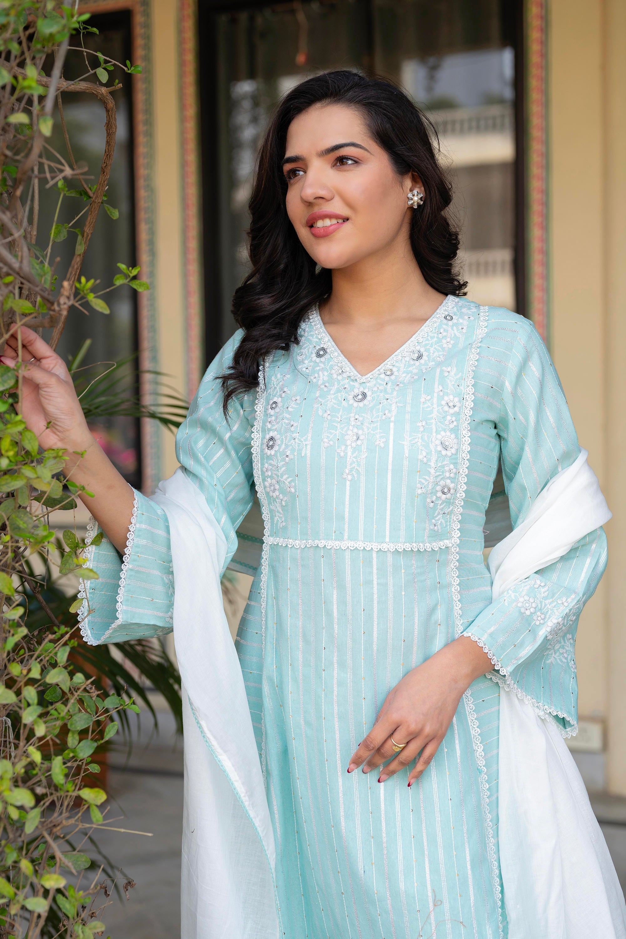Juniper Mint Brocade Embroidered Kurta-Palazzo & Dupatta Set with Cotton Lace & Sequins