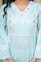 Juniper Mint Brocade Embroidered Kurta-Palazzo & Dupatta Set with Cotton Lace & Sequins