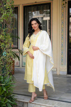 Juniper Mustard Brocade Embroidered Kurta-Palazzo & Dupatta Set with Thread Work, Cotton Lace & Sequins