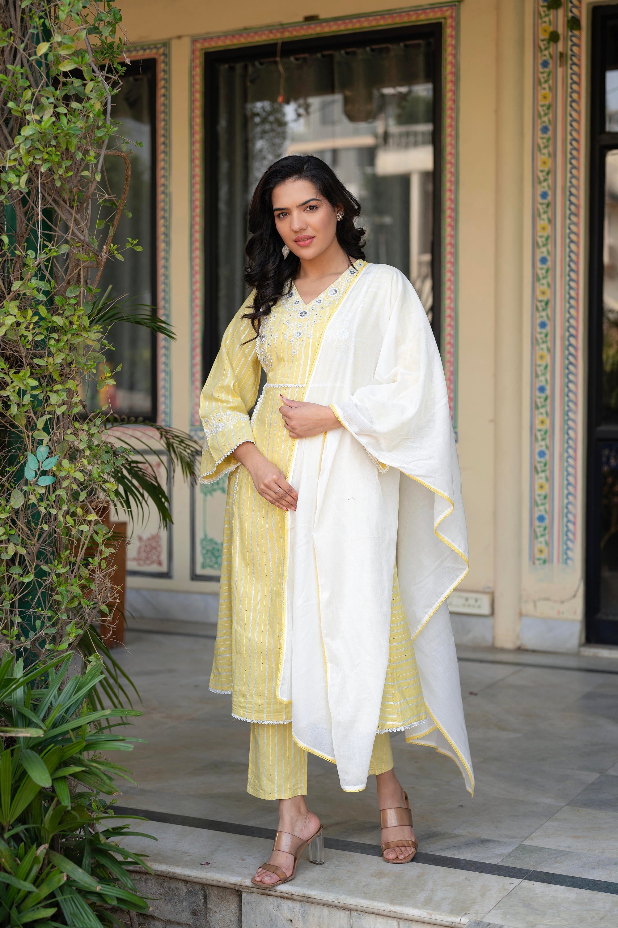 Juniper Mustard Brocade Embroidered Kurta-Palazzo & Dupatta Set with Thread Work, Cotton Lace & Sequins