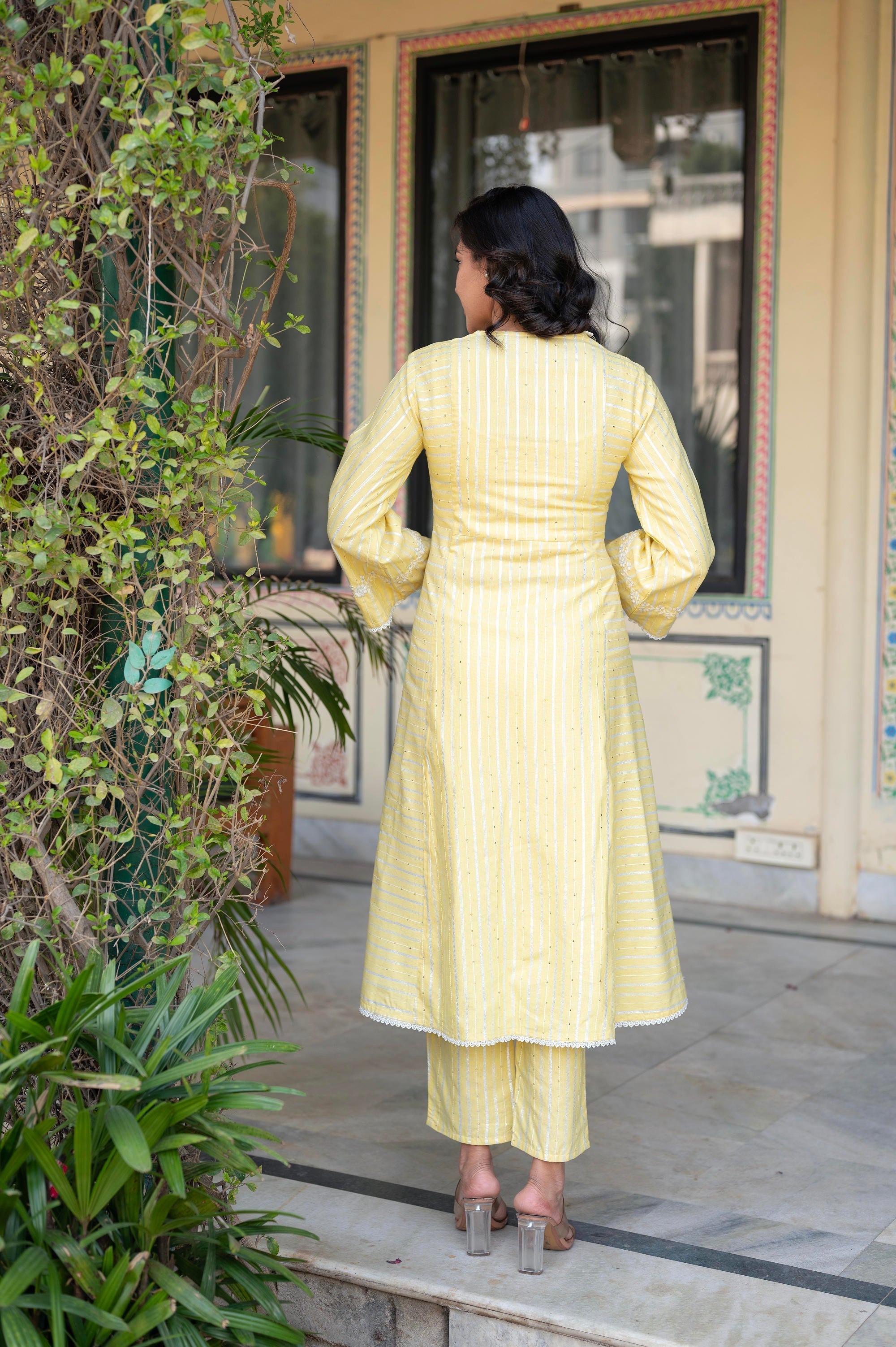 Juniper Mustard Brocade Embroidered Kurta-Palazzo & Dupatta Set with Thread Work, Cotton Lace & Sequins