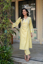 Juniper Mustard Brocade Embroidered Kurta-Palazzo & Dupatta Set with Thread Work, Cotton Lace & Sequins