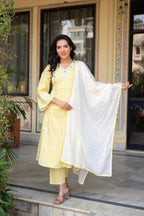 Juniper Mustard Brocade Embroidered Kurta-Palazzo & Dupatta Set with Thread Work, Cotton Lace & Sequins